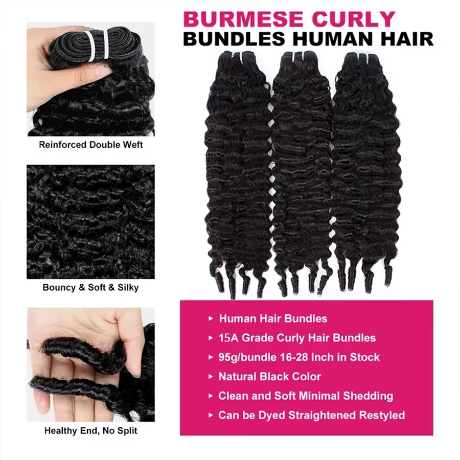 Extensions de cheveux humains bouclés birmans 100% vierges, tissage 15A, cheveux naturels bruts, poi