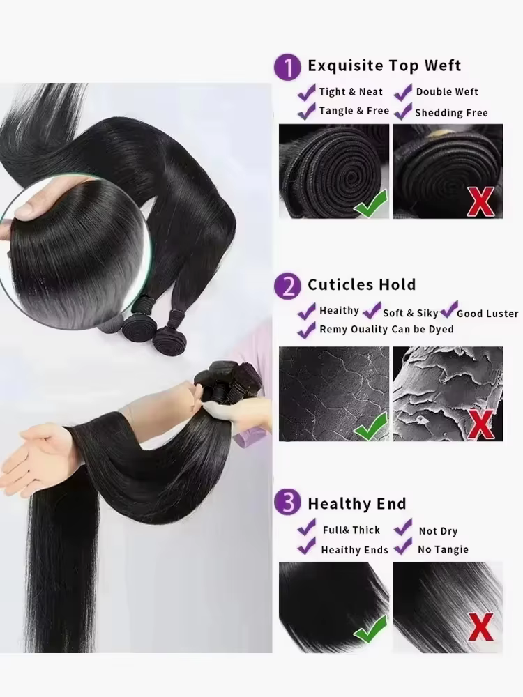 Extensions de cheveux humains raides brésiliens Remy non traités, naturels noirs, pour femmes, 26, 2