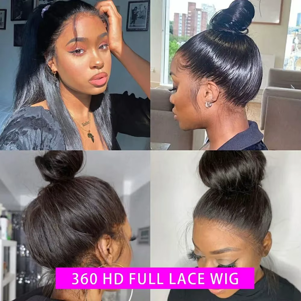 Perruque Lace Front Wig 360 naturelle, cheveux lisses, avec sangle cachée, pre-plucked, 12A, sans co