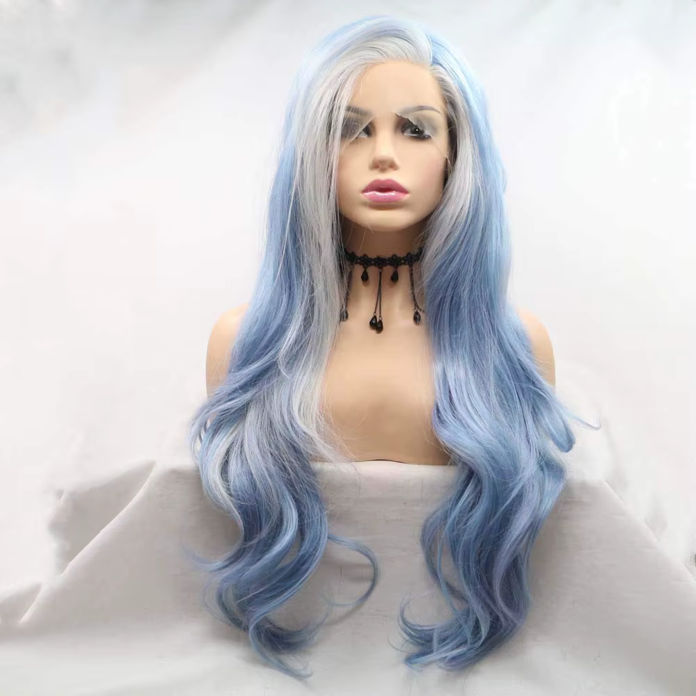 Perruques Sylvia, longues et ondulées, bleu/blond, synthétiques, avec dentelle frontale bleue, pour 