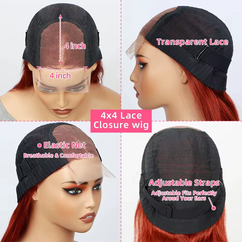 Perruque de gingembre cheveux humains Orange vague de corps Bob perruque sans colle perruque 4x4 Hd 