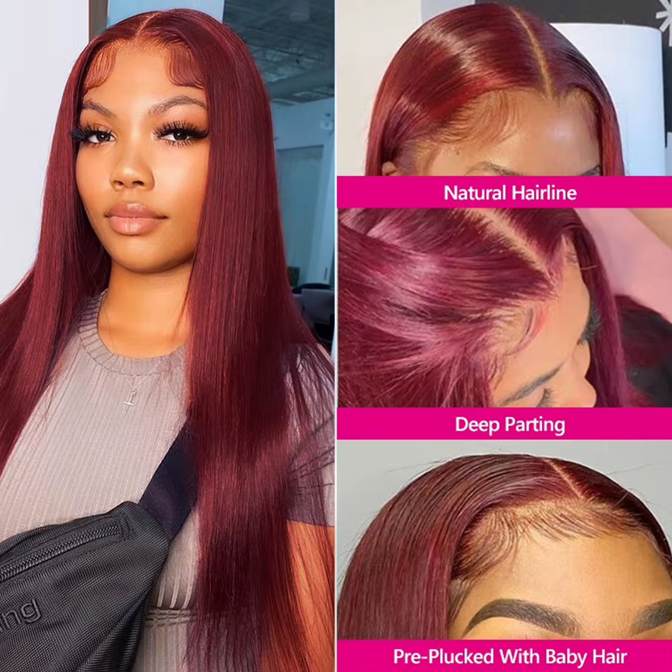 Perruque Lace Front Wig naturelle lisse-Tuneful, Sophia, cheveux humains, couleur bordeaux 99J, 13x6