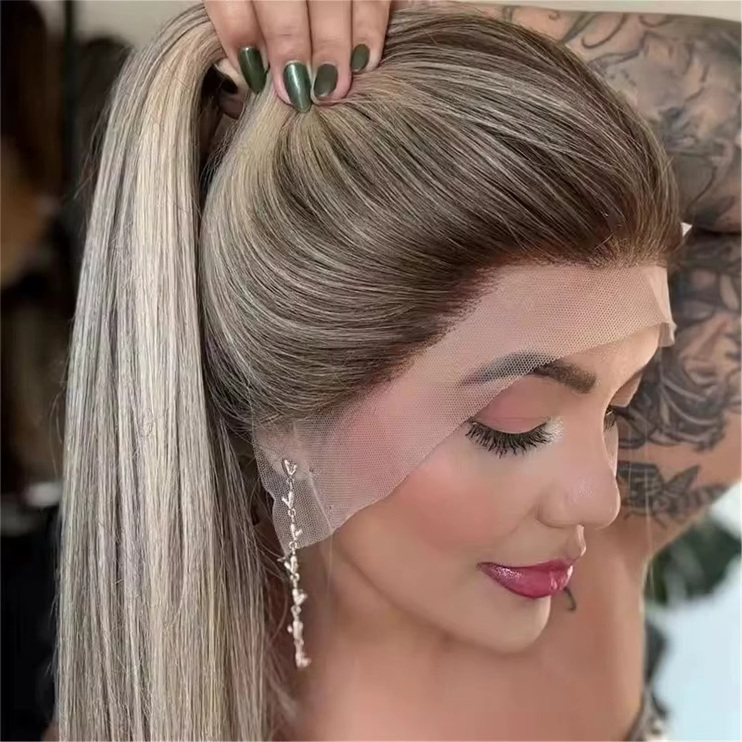 Perruque synthétique longue à dentelle, cheveux raides ombrés blond-brun, haute qualité, non nouée, 