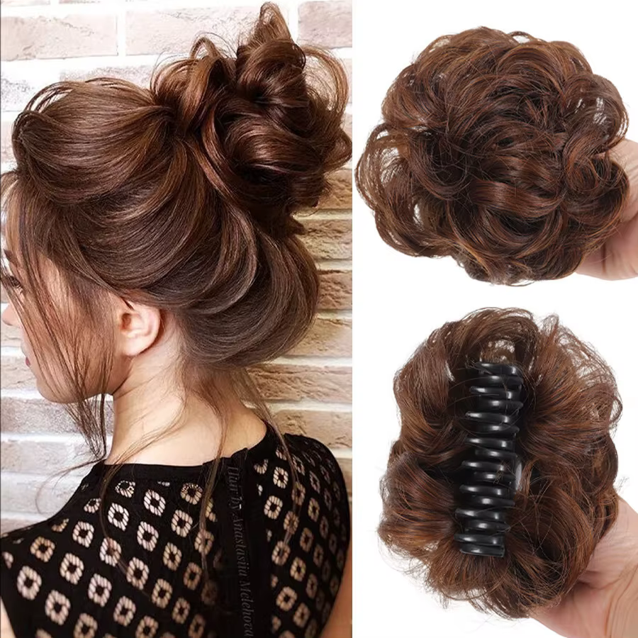 Perruque synthétique style pince à cheveux, tête de fleur, pour volume capillaire, chignon désordonn