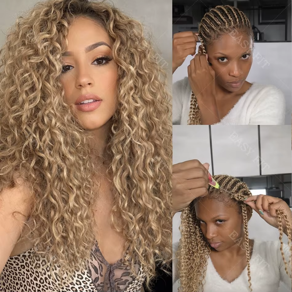Extensions de cheveux humains pré-séparées au crochet, blond miel avec mèches, ondulations profondes