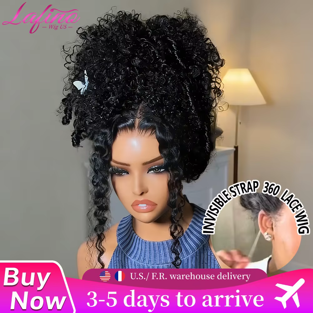 Perruques bouclées en cheveux humains Lafino Invisi Strap Deep Curly Wave 360 Full HD Lace Front, Pe