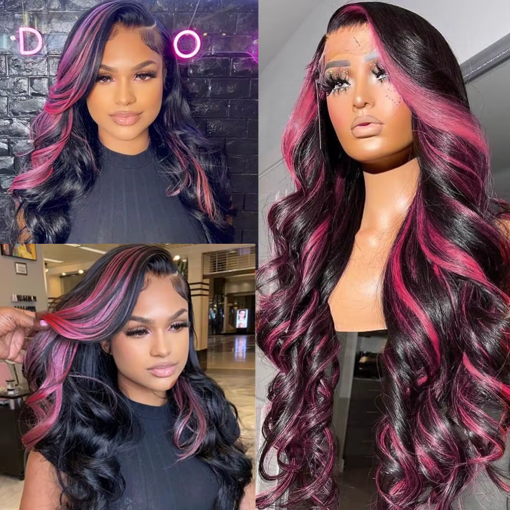 Perruque Lace Front 13x4 Ombrée Rose et Noire en Cheveux Humains, avec Mèches Rayées Rose, Perruque
