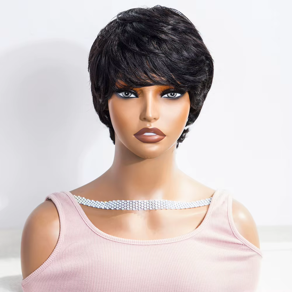 Perruque de cheveux humains coupe Pixie pour femmes blanches, perruque courte Bergame, frange, entiè