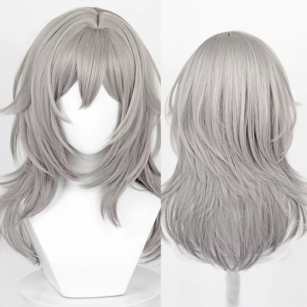 Perruques de Cosplay synthétiques longues et lisses grises avec frange pour femmes, perruque moelleu