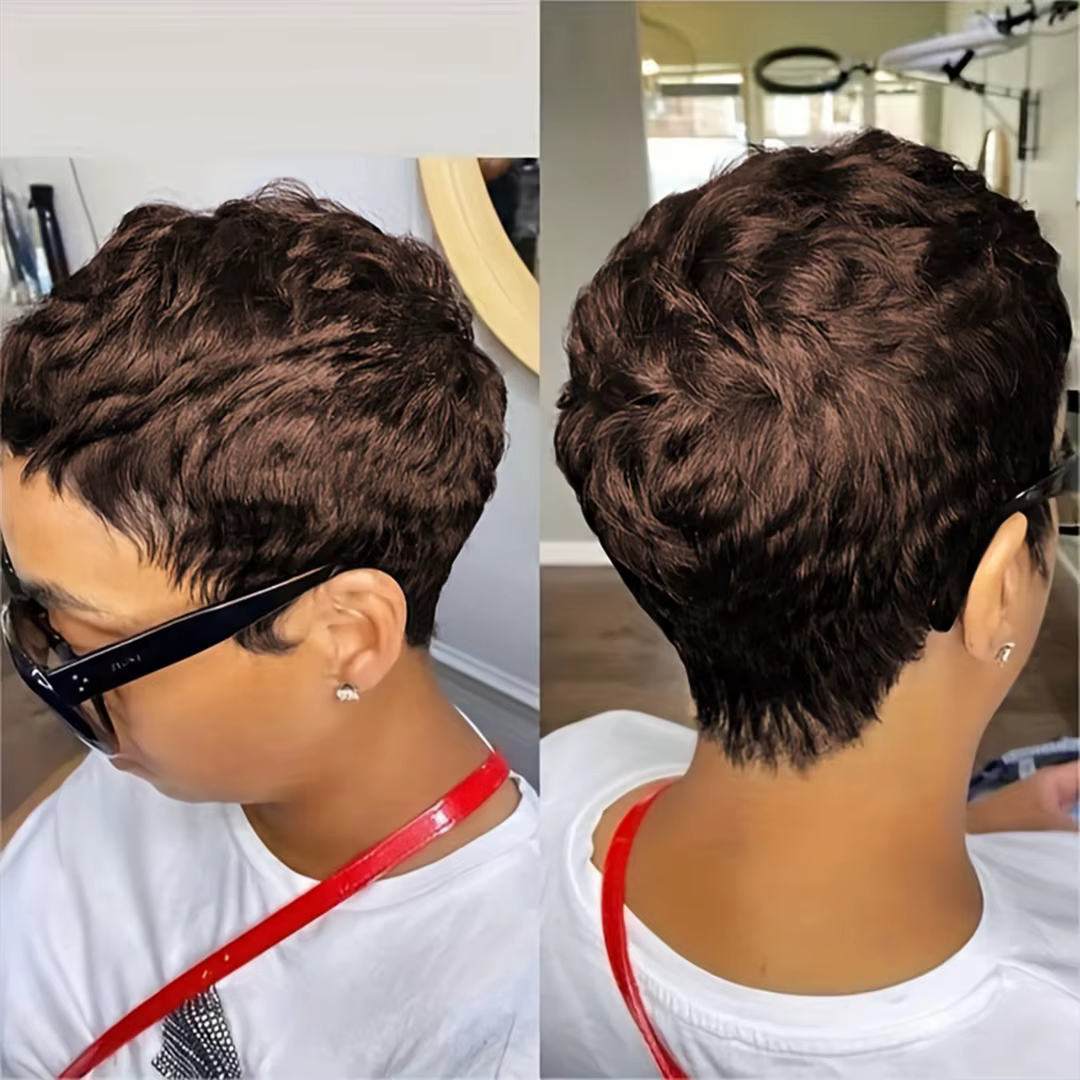 Perruque courte coupe lutin cheveux humains pour femmes perruques fabriquées à la Machine avec frang