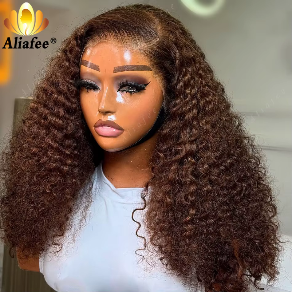 Perruques de cheveux humains bouclés de couleur marron, densité 180%, perruques frontales en dentell