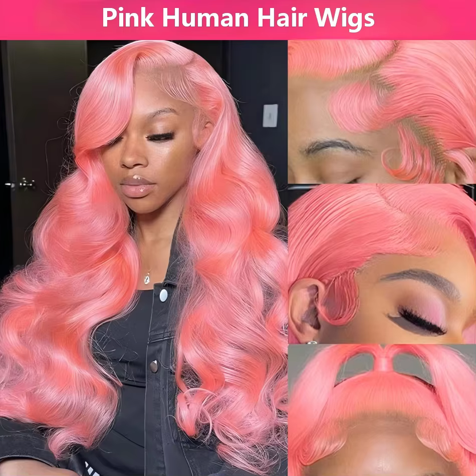 Perruque en cheveux humains rose, ondulée, avec dentelle frontale 13x6 HD, densité 250, cheveux brés