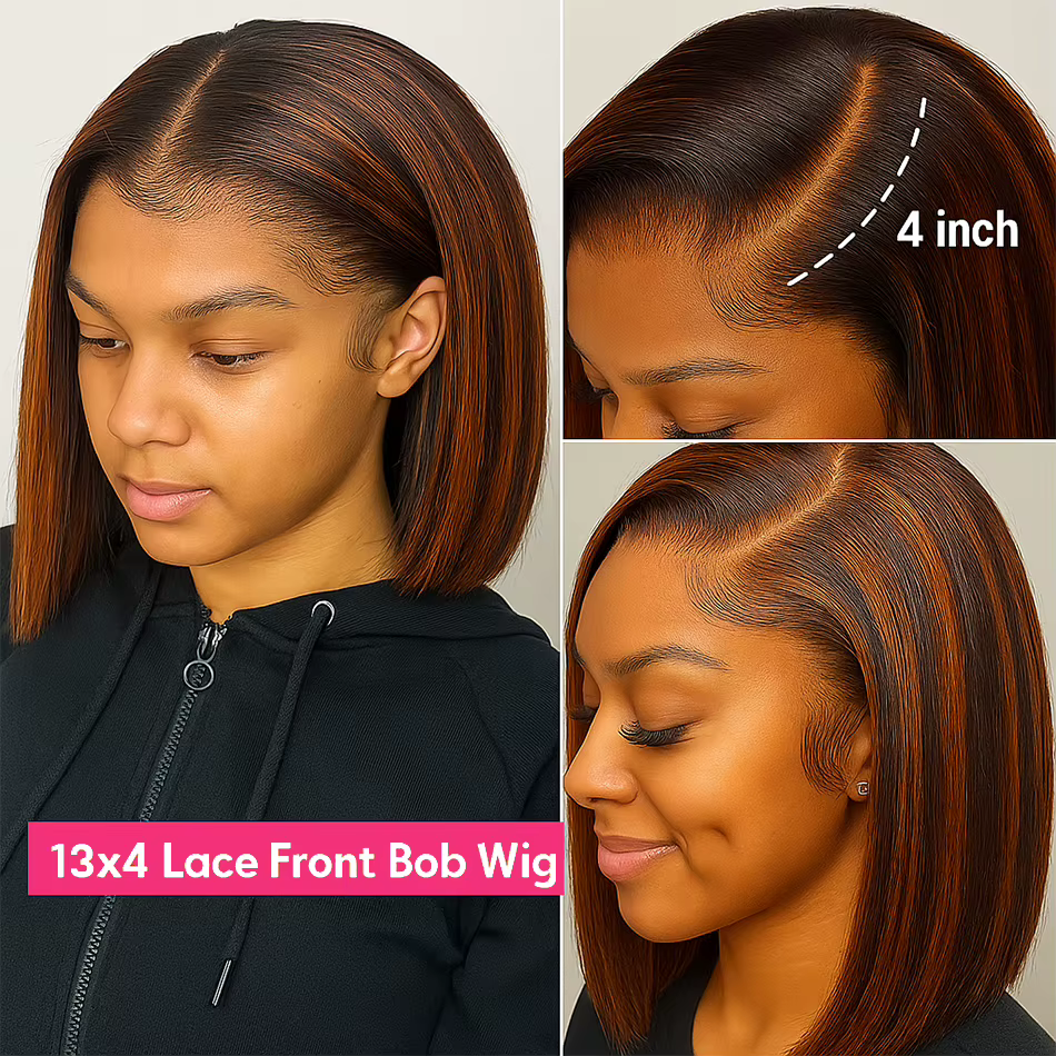 # Perruque Bob Lace Front Wig naturelle lisse à reflets 4/350, 13x4, cheveux humains, couleur marron