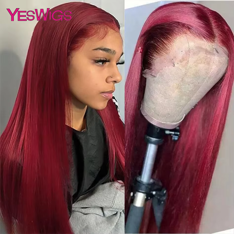 Perruque Lace Front HD 13x6 Rouge Bourgogne 99J sans colle, en cheveux humains vietnamiens Super Dou