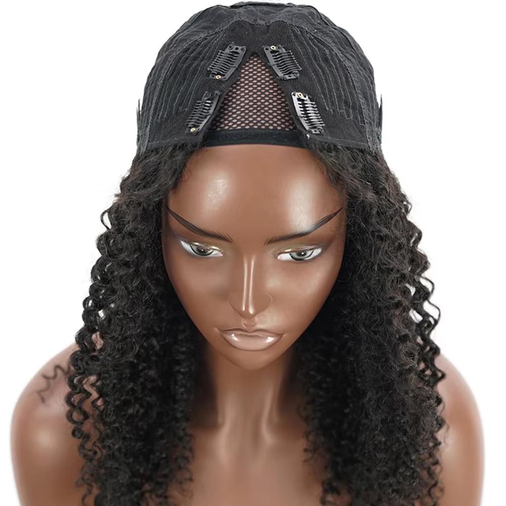 300% crépus bouclés V partie perruques cheveux humains pas de laisser de sortie mise à niveau vague