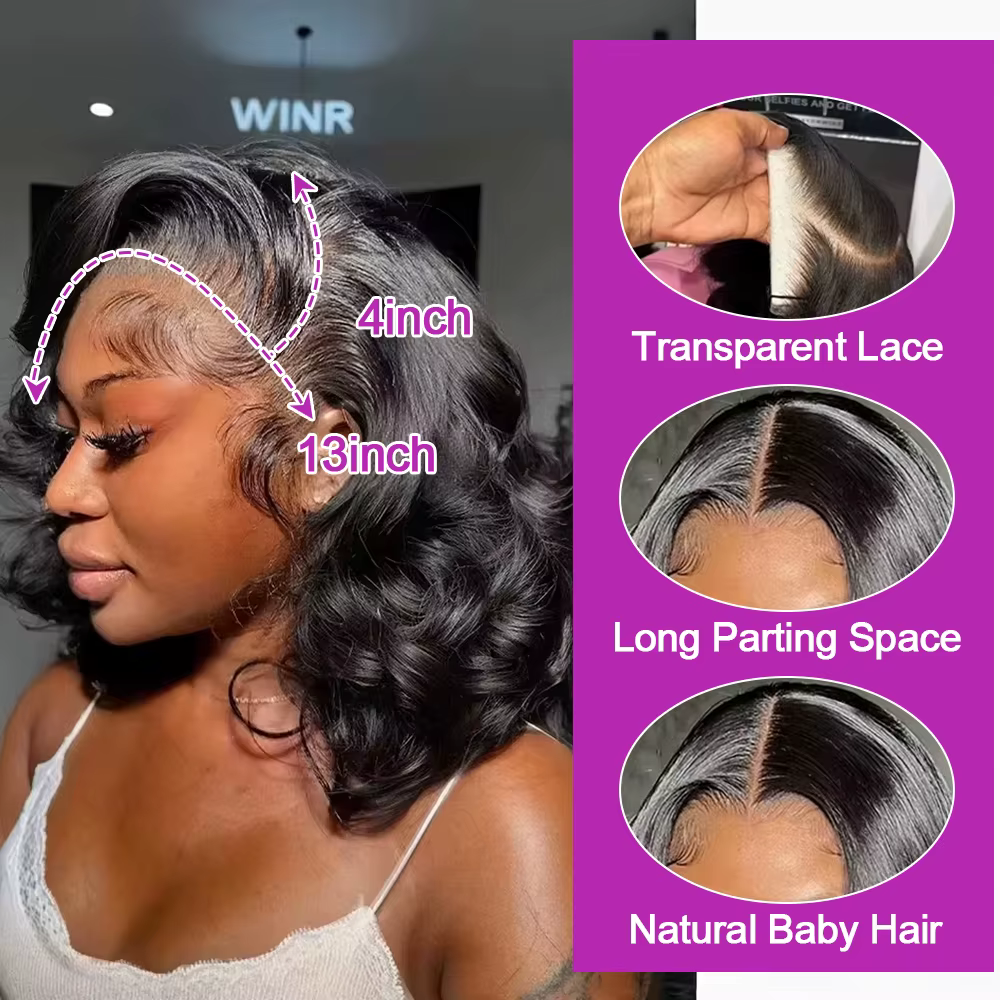 250% vague de corps 13x6 HD dentelle frontale perruque courte Bob perruques sans colle cheveux humai