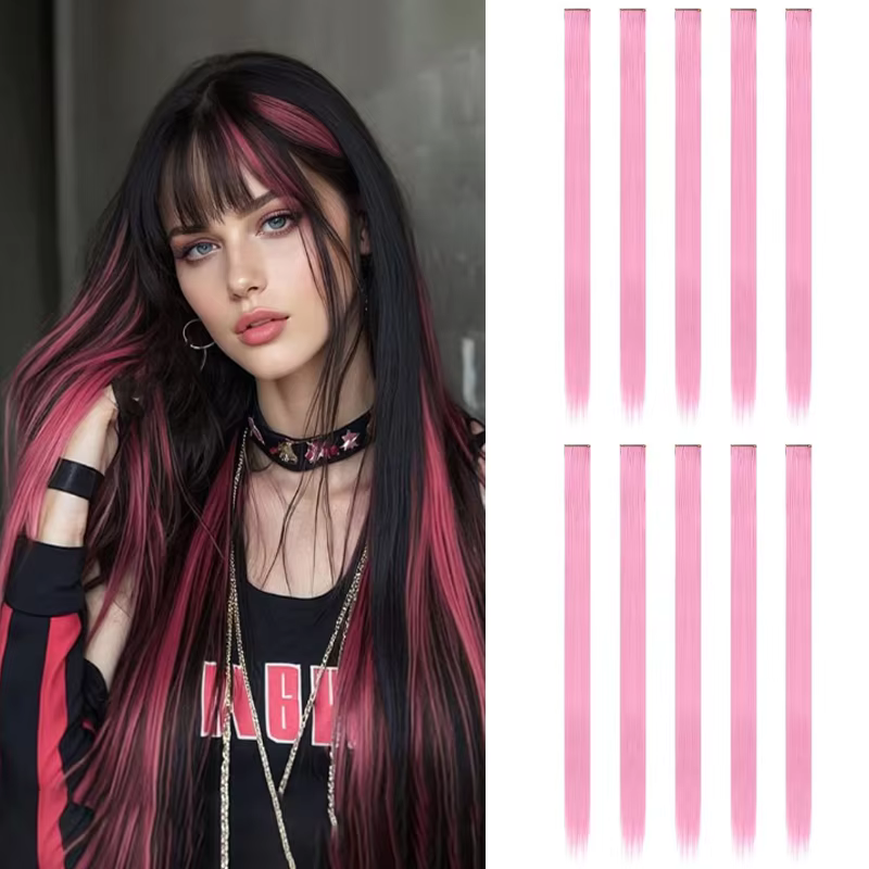 Extensions de cheveux synthétiques roses, 22 pouces, cheveux raides colorés, clip coloré, pour fête,