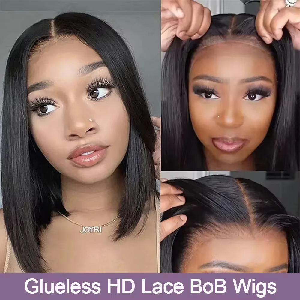 Perruques sans colle de 10 à 16 pouces, cheveux humains lisses, perruques courtes bob en dentelle HD