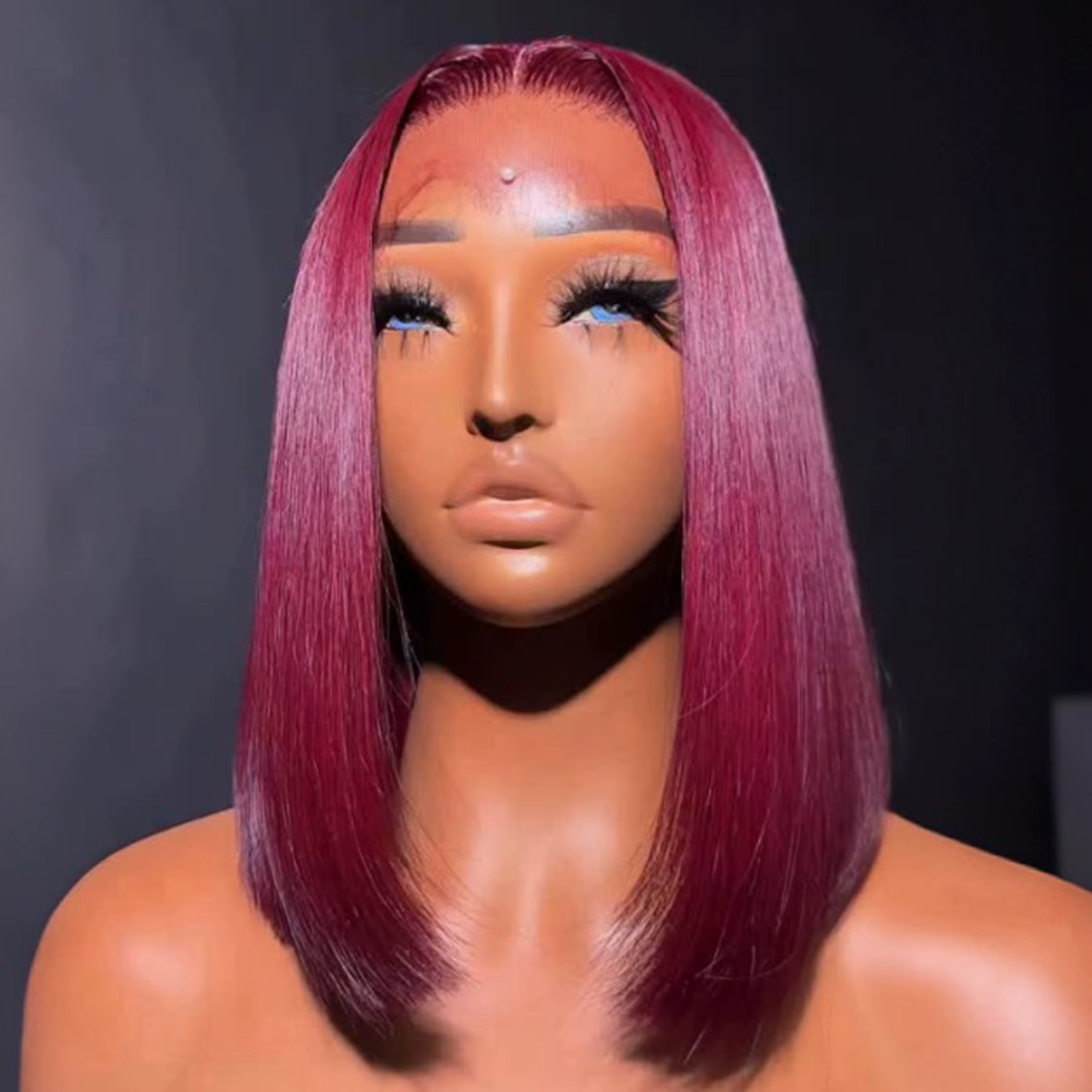Perruque courte bob coupe droite ultra-lisse couleur rouge bordeaux 99J 13X4X1 avec dentelle frontal