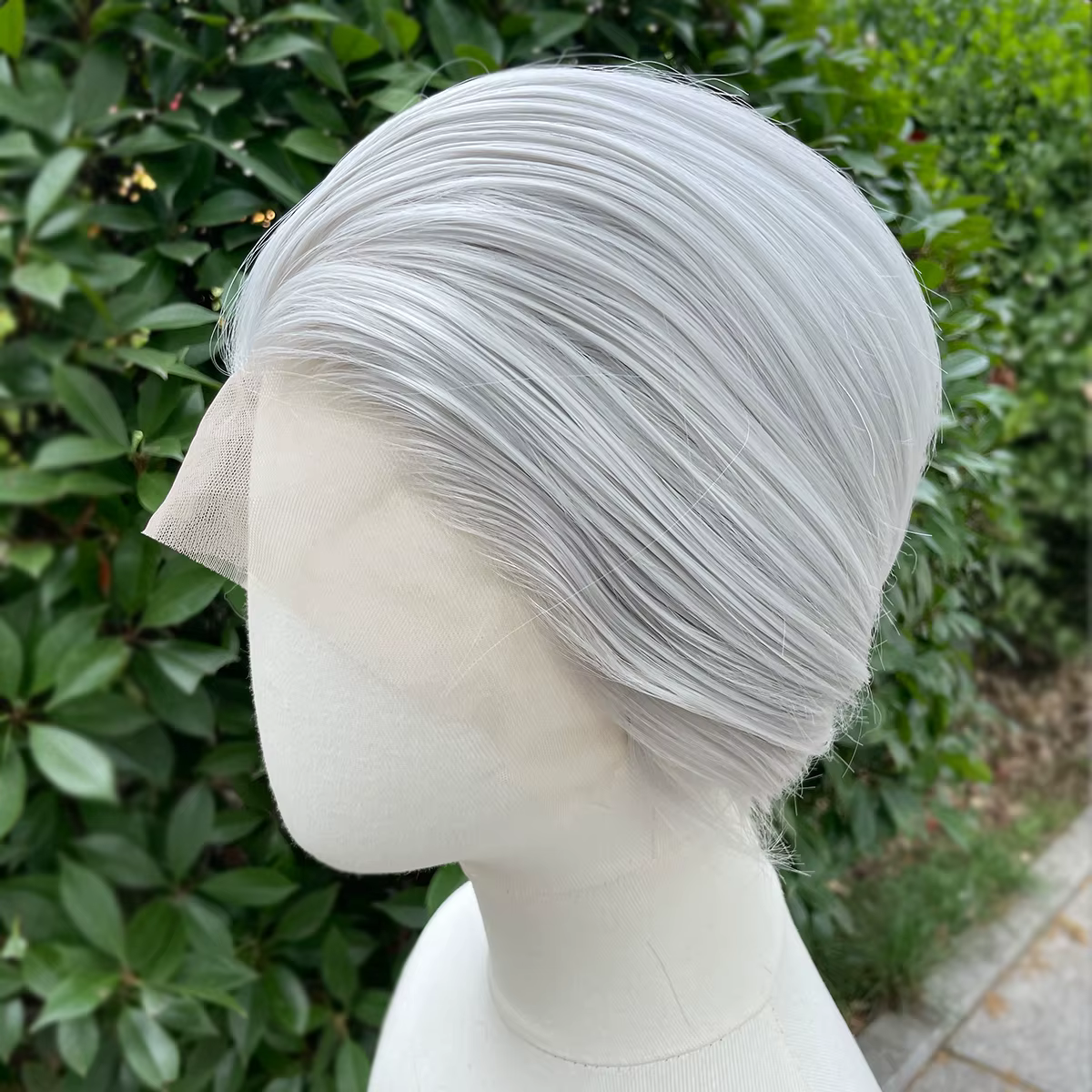 Perruque Lace Front Wig synthétique courte coupe Bob gris argenté, perruques de Cosplay pour hommes
