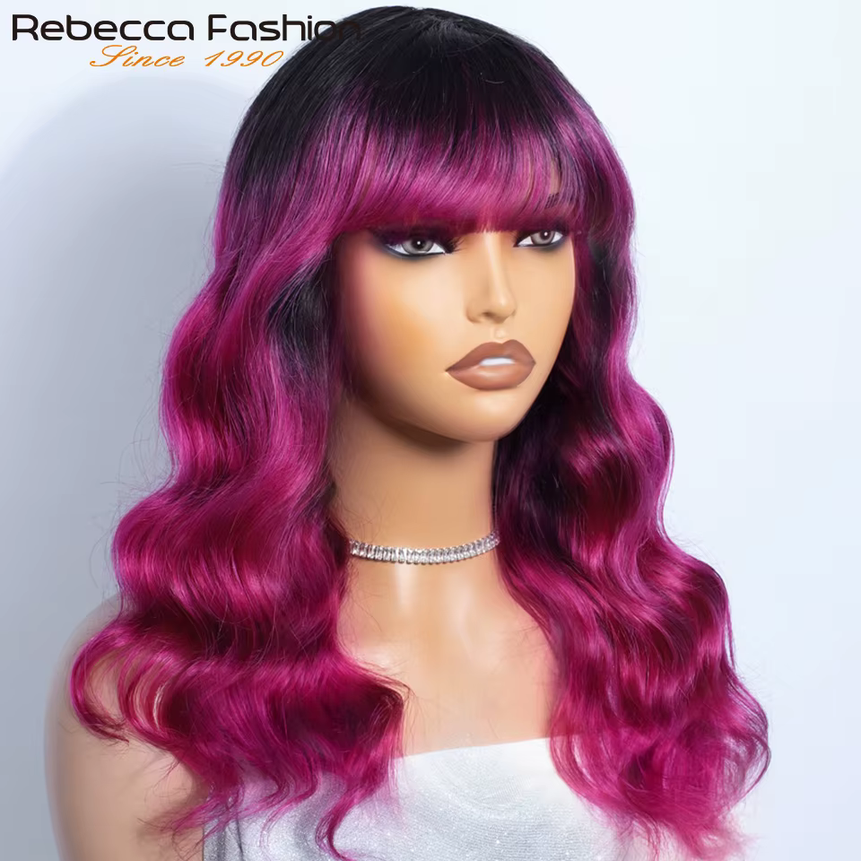 22 "T1B/violet corps vague perruques de cheveux humains avec frange frange mettre et aller brésilien