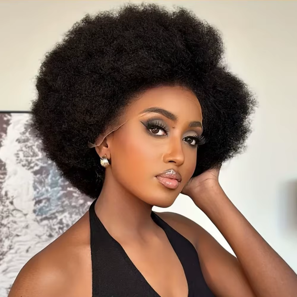 Perruques courtes bouclées afro kinky en cheveux humains avec dentelle frontale 13x4 pour femmes, co