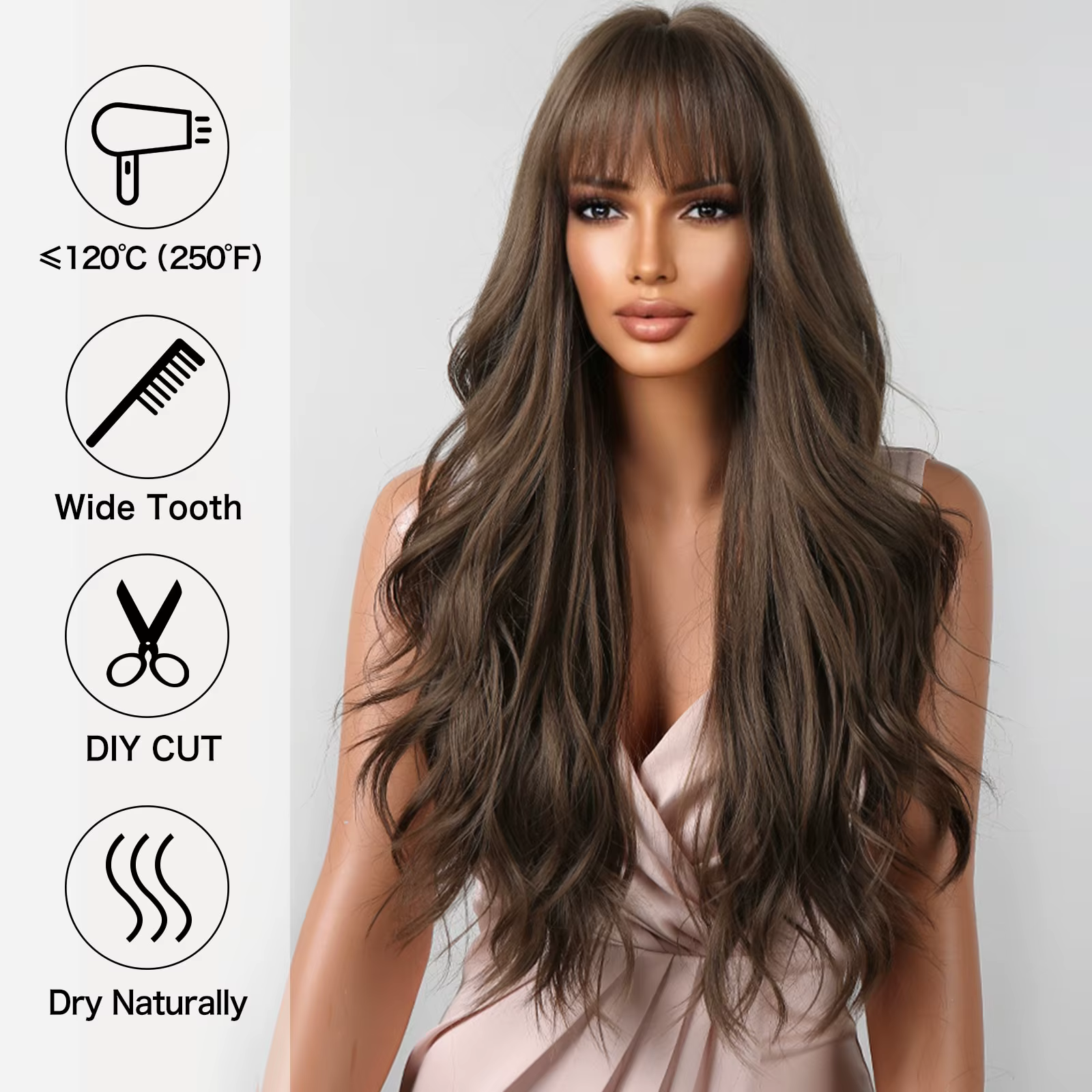 Perruques brunes ondulées avec frange pour femme, cheveux synthétiques naturels longs, degré de chal