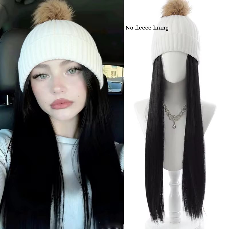 Bonnet chapeau perruque Extensions de cheveux bonnet en tricot avec cheveux longs et raides attachés