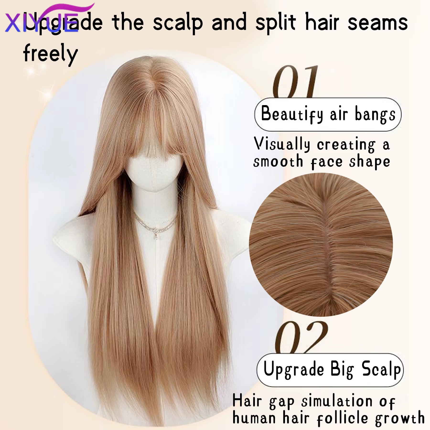 Perruque synthétique dorée avec frange naturelle moelleuse, cheveux lisses, longueur à la taille, po