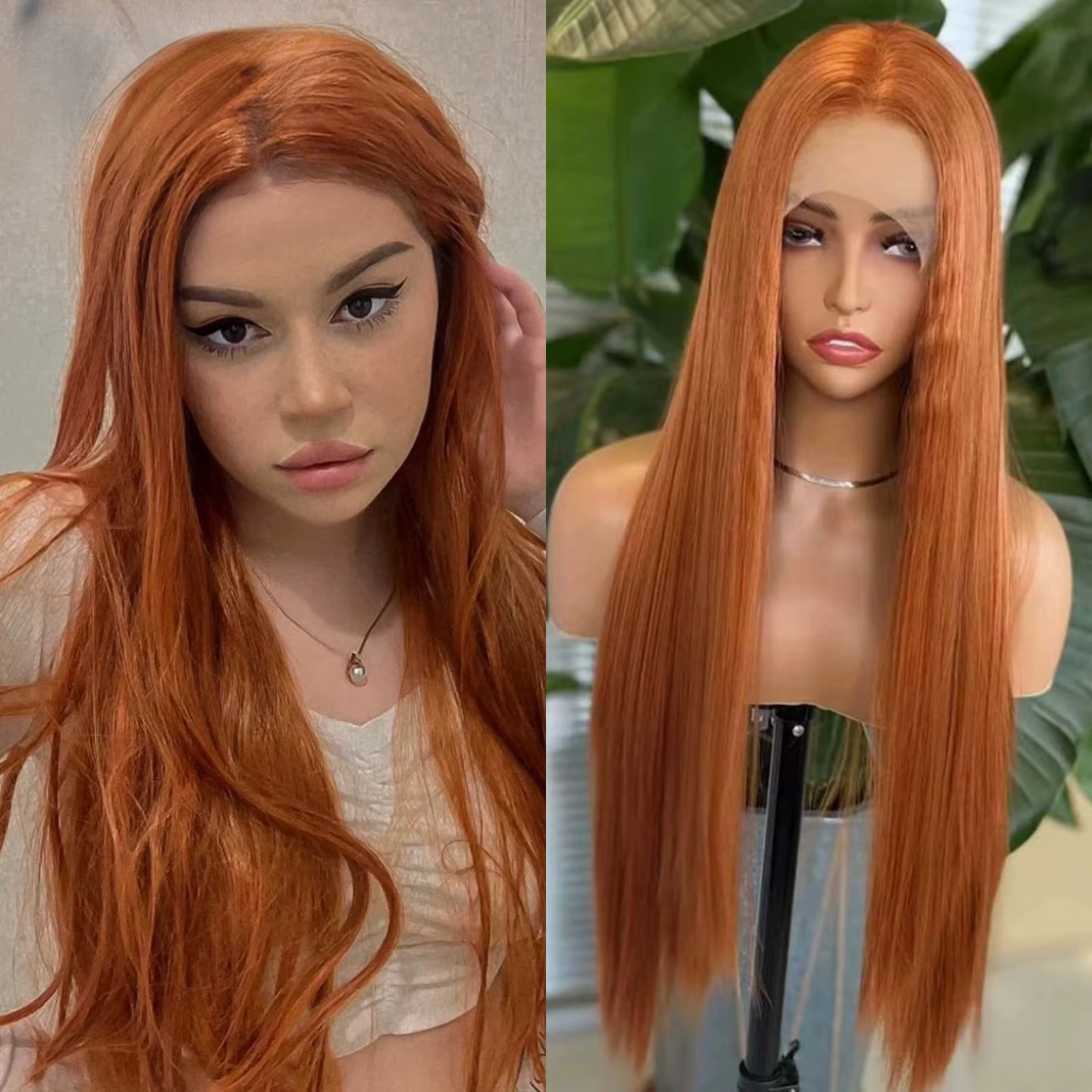 Perruque Lace Front Wig synthétique lisse et longue au gingembre, perruques sans colle pour femmes, 