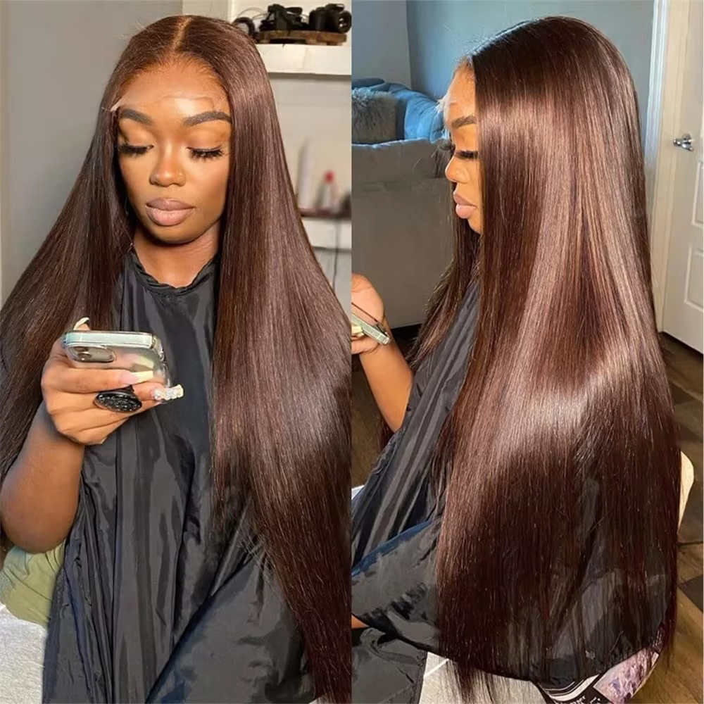 Perruques en cheveux humains lisses avec dentelle HD 13x4, densité 200, couleur chocolat # 4 perruqu