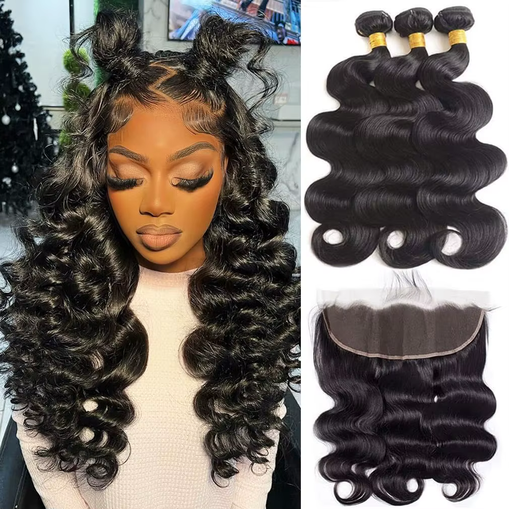 Extensions brésiliennes Body Wave avec closure en dentelle 13x4, cheveux humains véritables, 3 mèche