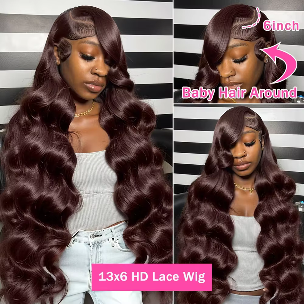 Perruque Lace Front 13x4 Marron Chocolat Pré-Pluckée Brésilienne, Perruques Frontales HD 13x6 en Den