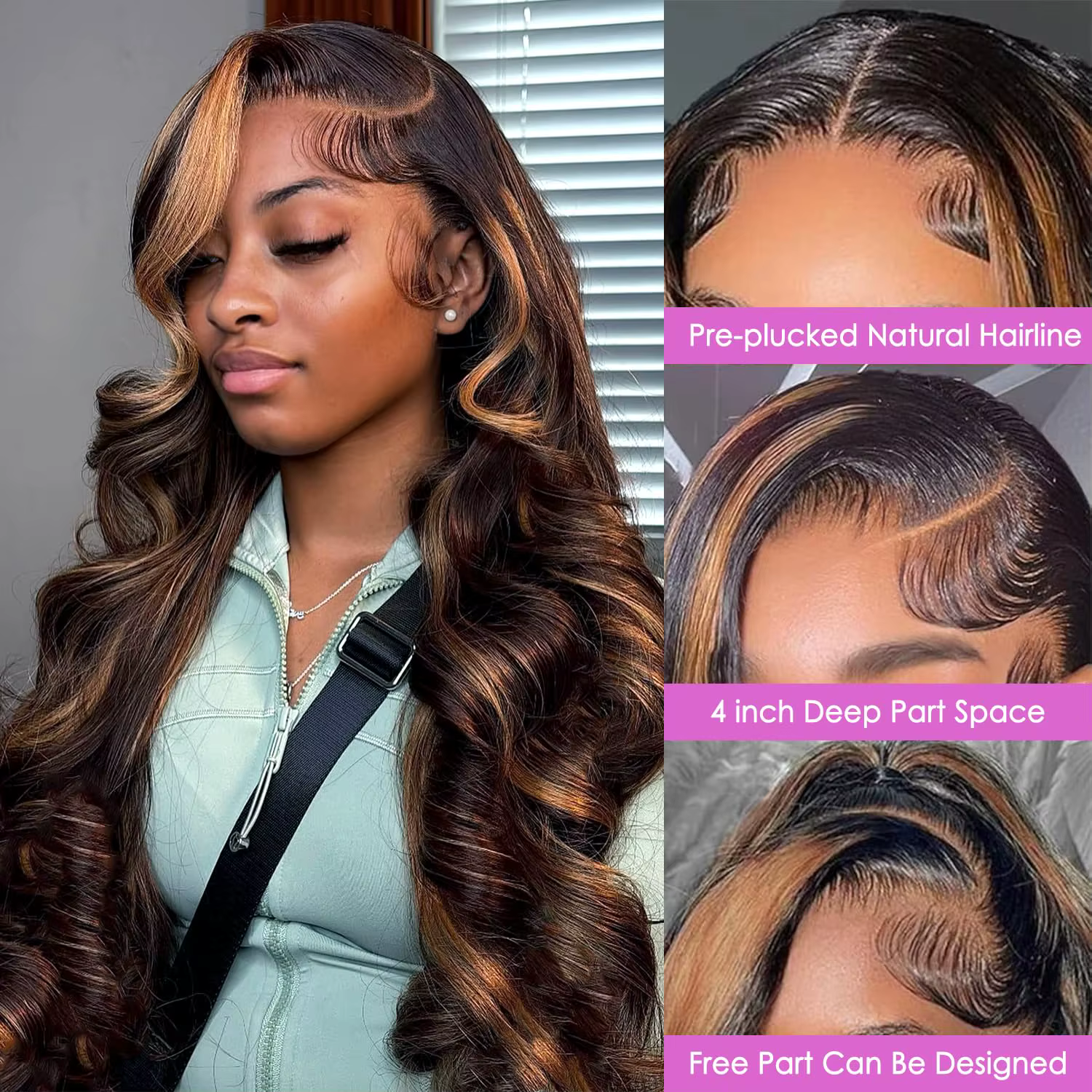 Perruque Lace Front Ombrée avec Mèches, Cheveux Humains, 13x4 HD, Ondulée, Densité 200, Couleur P1B/
