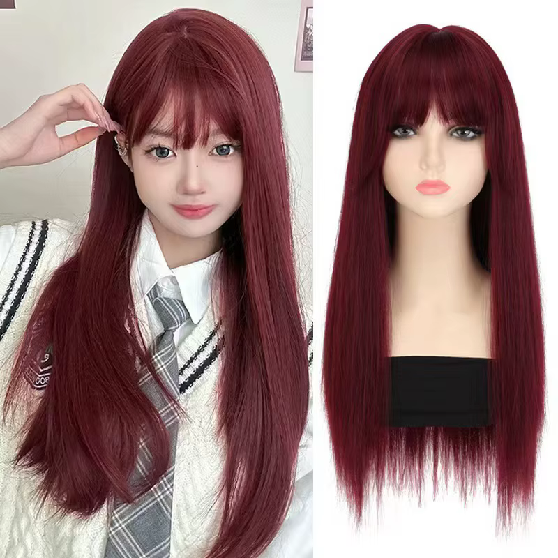 Perruque synthétique couleur vin rouge avec cheveux longs et raides pour Halloween, cosplay, jeux de