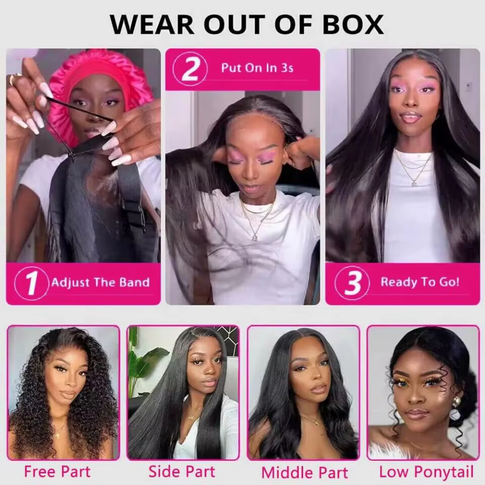 Perruque de cheveux humains droite sans colle pour femmes noires, perruque de fermeture en dentelle