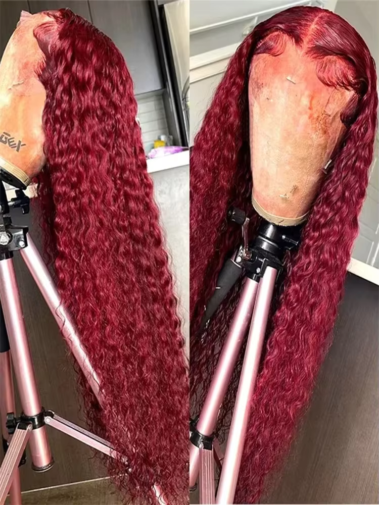 Perruque Lace Front Wig Naturelle Bouclée, Cheveux Humains, Couleur Rouge Bordeaux 99J, 13x6, 13x4, 