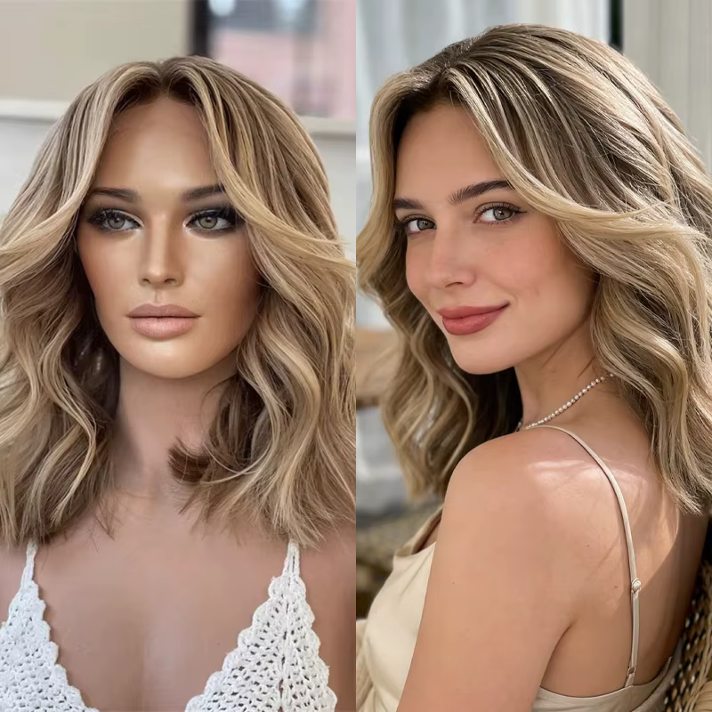 Perruque synthétique à dentelle HD avec mèches brunes ombrées blondes, perruque de fête et de tous l