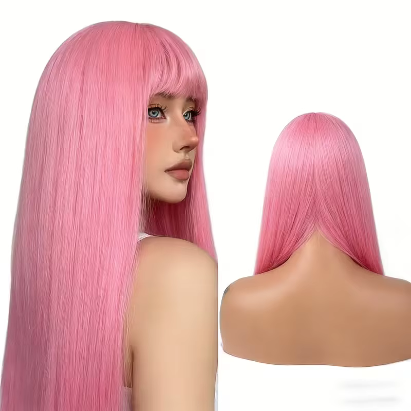 Perruque synthétique rose longue et droite pour Halloween, cosplay, jeux de rôle et fêtes quotidienn