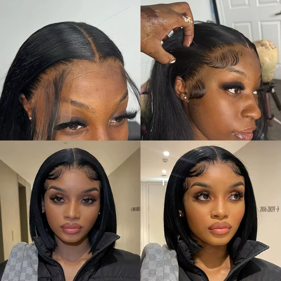 Perruques Lace Frontal 13x4 ultra-lisses, coupe courte bob, pré-épilées, avec dentelle transparente
