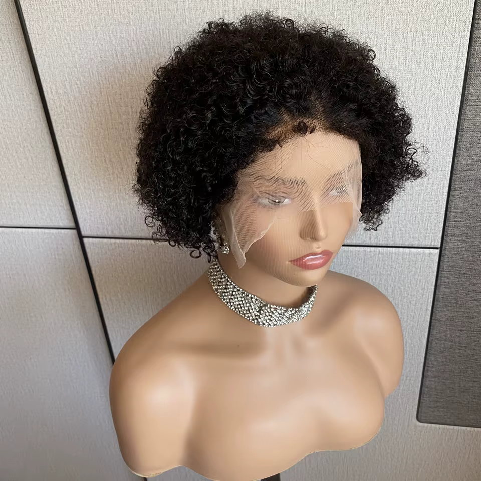 Kinky Curly Hair Wig, Natural Hairline, Pixie Cut, Short Bob, Full Machine Made, Human Hair, Glueles