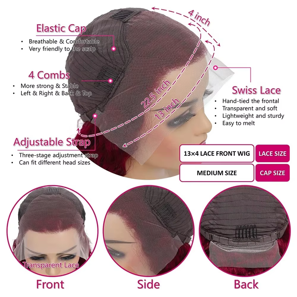 Perruques Lace Front Body Wave 13x6 en Cheveux Humains pour Femmes, Perruques Lace Front 99j Bordeau