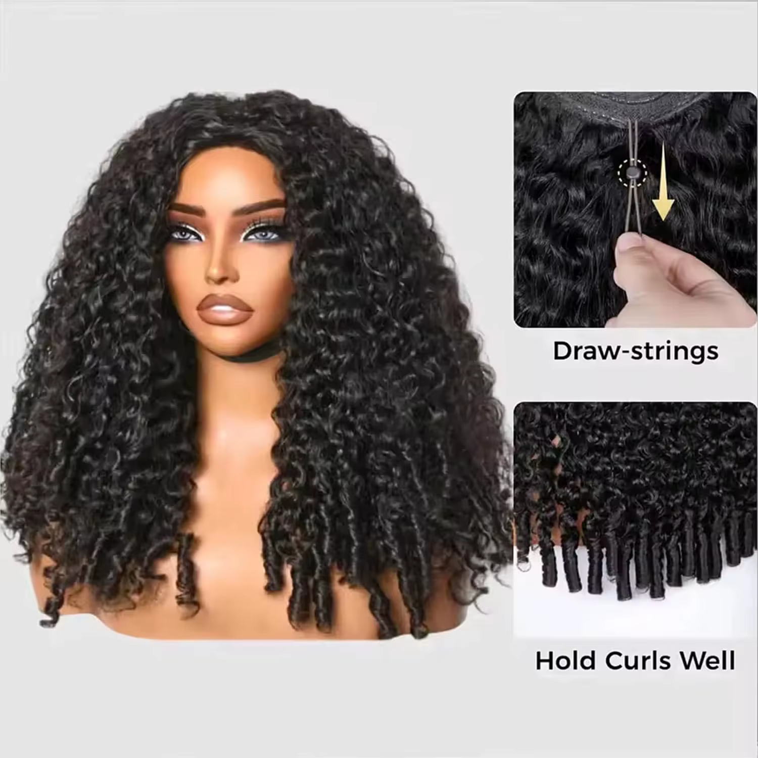 Perruque mi-tête bouclée birmane en cheveux humains 3-en-1 sans couture, à porter directement sans c