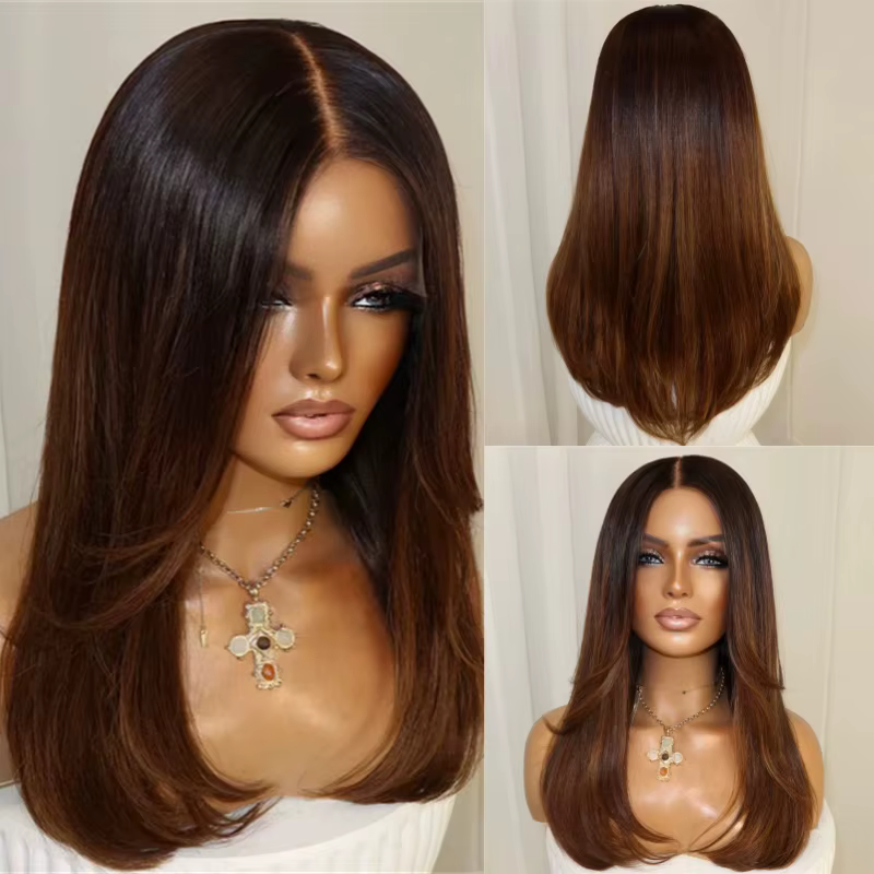 Perruque de fête synthétique Ombré Marron Miel, Lace Front HD, Lisse et Douce, Sans Colle, Ligne de 