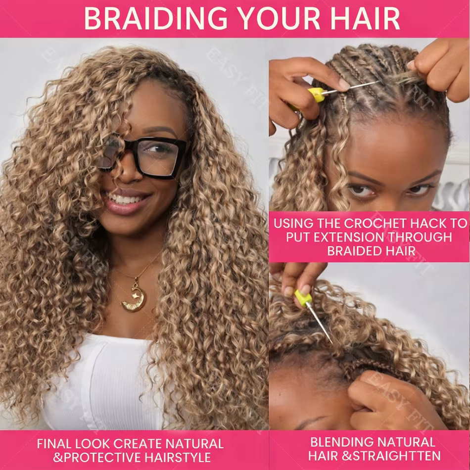 Extensions de cheveux humains pré-séparées au crochet, blond miel avec mèches, ondulations profondes