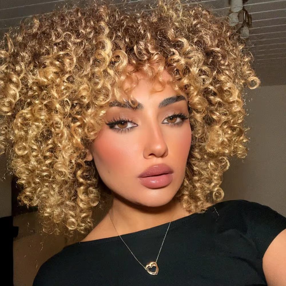 Perruques bouclées blondes pour femmes perruques courtes Afro crépues bouclées avec frange perruque