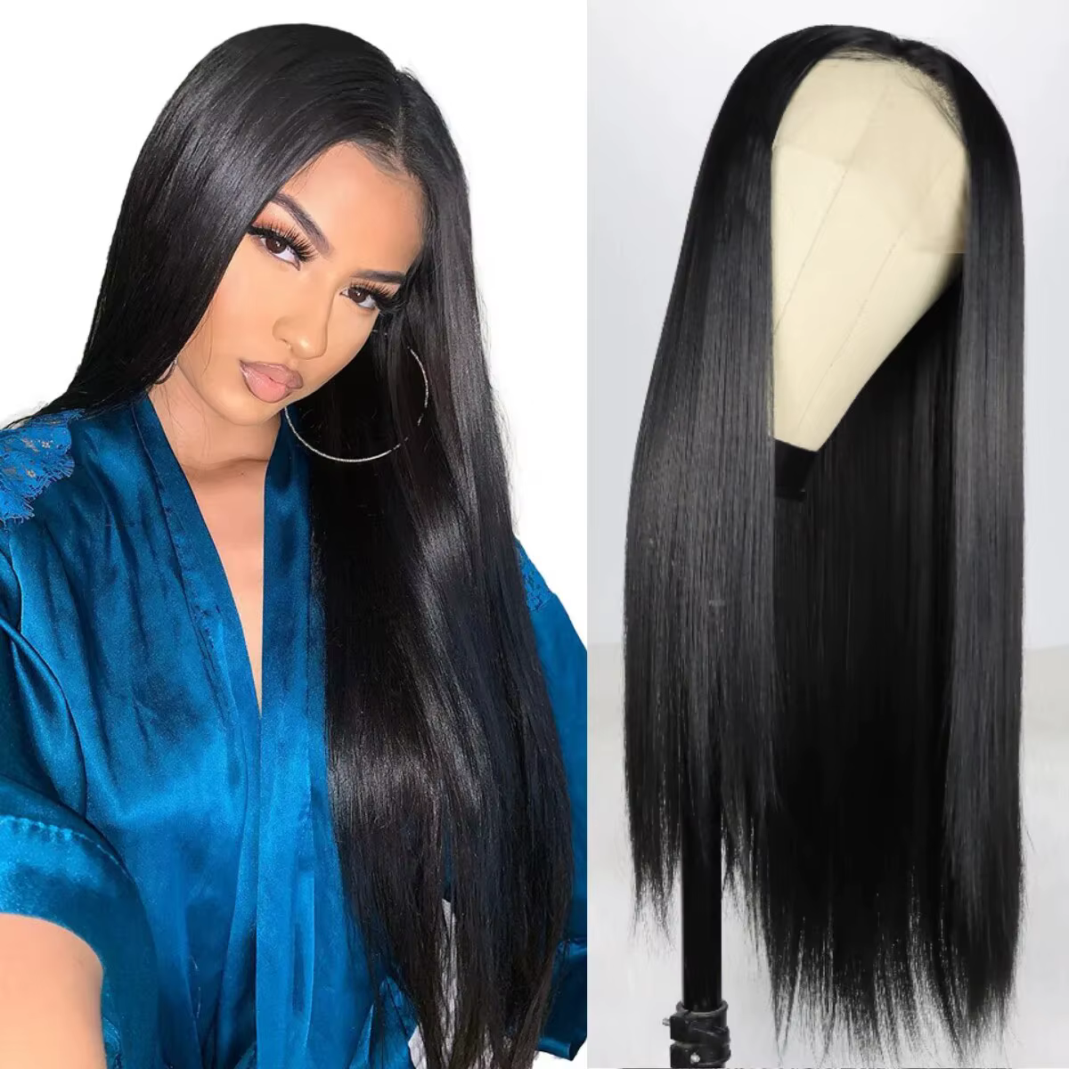 Perruque Lace Front Wig Synthétique HD Sans Colle, Cheveux Longs et Lisses, Noirs Naturels, Pre-Pluc