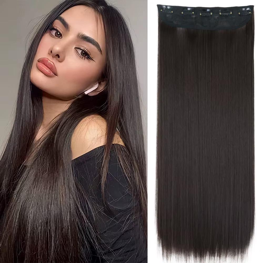 Extension capillaire synthétique longue et lisse à Clip, 5 Clips, faux cheveux blonds, bruns et noir