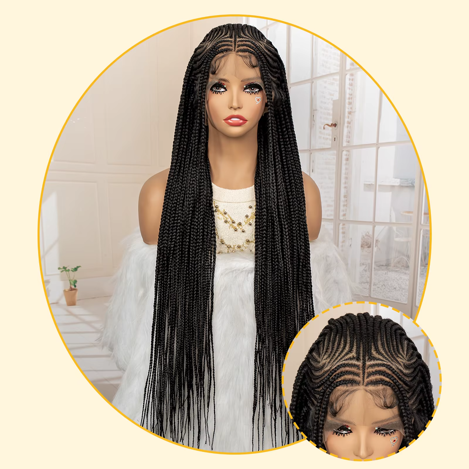 Perruques de cheveux tressés africains synthétiques pleine dentelle Cornrow sans noeuds boîte tressa