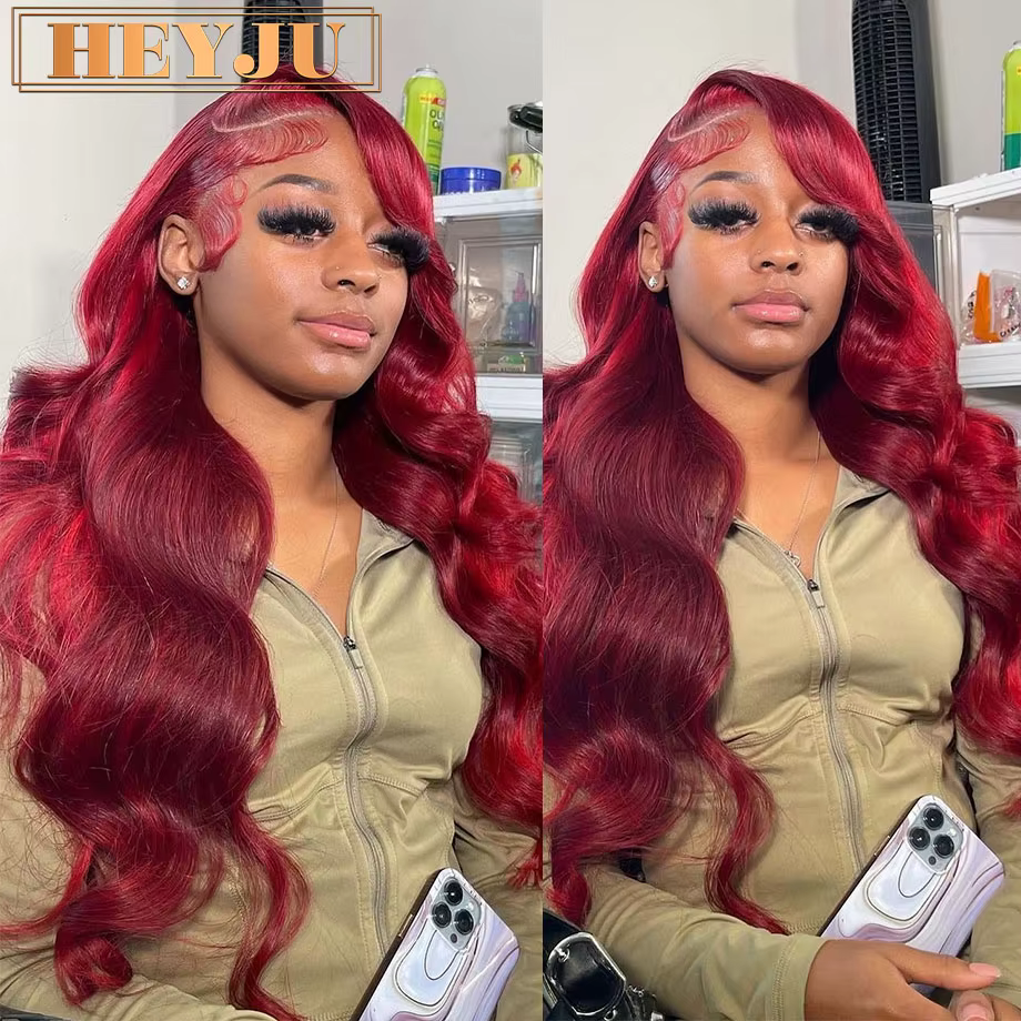 Perruque Lace Frontal Wig naturelle brésilienne, cheveux humains, Body Wave, bordeaux, 13x6, Hd, den